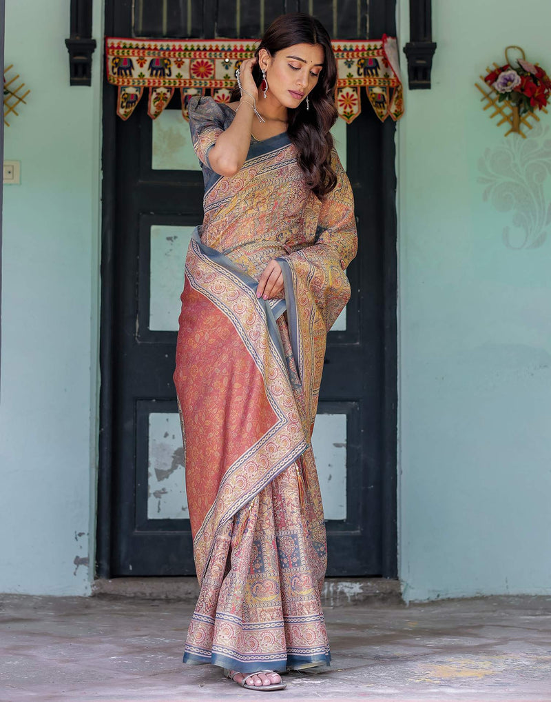 Beige Shimmer Silk Printed Saree