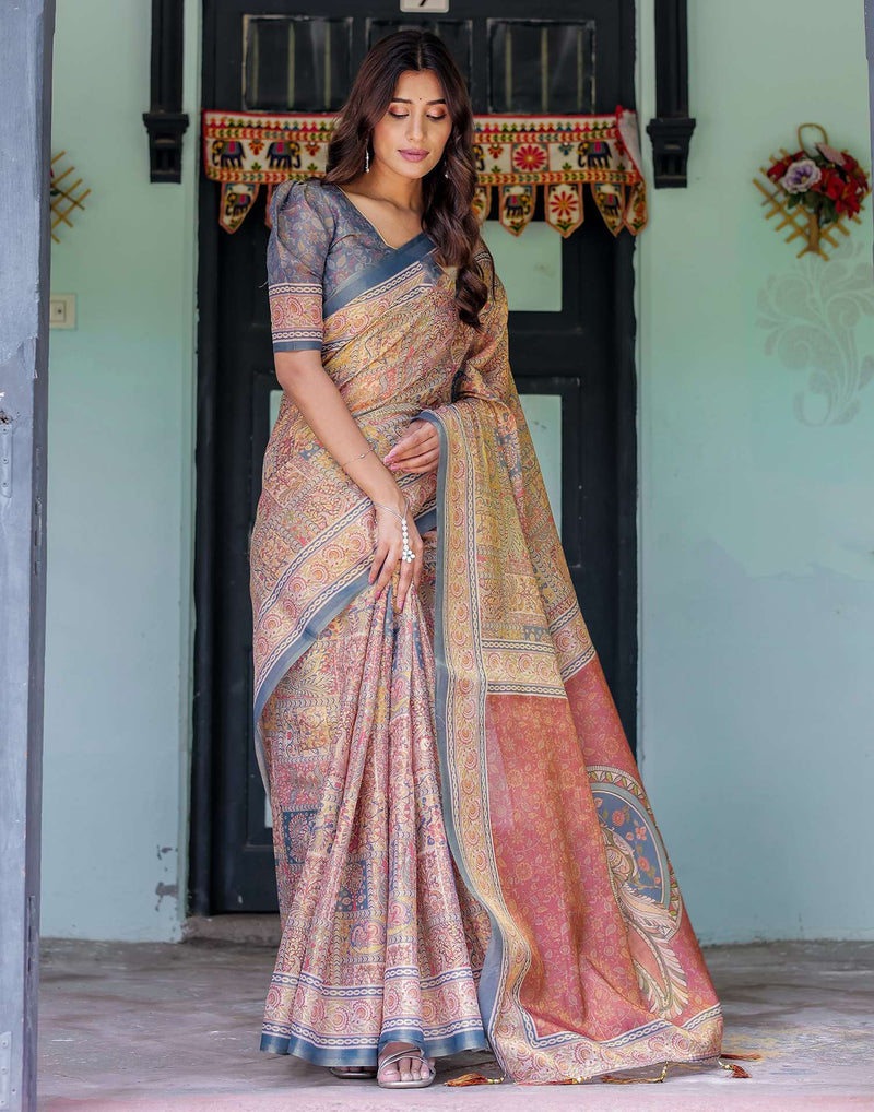 Beige Shimmer Silk Printed Saree
