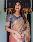 Beige Shimmer Silk Printed Saree