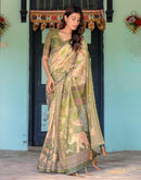 Beige Shimmer Silk Printed Kalamkari Saree