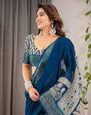 Blue Linen Printed Saree