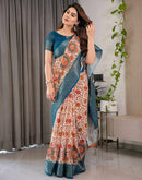 Light Peach Linen Printed Saree