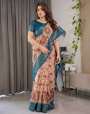 Light Peach Linen Printed Saree