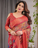 Coral Red Linen Printed Saree