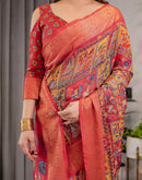 Coral Red Linen Printed Saree