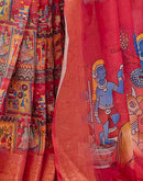 Coral Red Linen Printed Saree