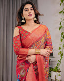 Coral Red Linen Printed Saree