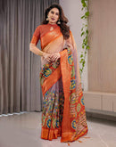 Orange Linen Printed Saree