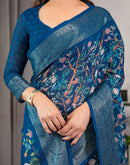 Blue Linen Printed Saree