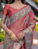 Coral Red Shimmer Silk Printed Kalamkari Saree