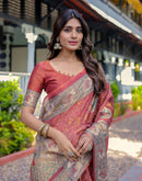 Coral Red Shimmer Silk Printed Kalamkari Saree
