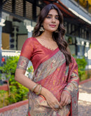 Coral Red Shimmer Silk Printed Kalamkari Saree