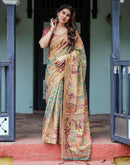 Teal Green Shimmer Silk Printed Saree