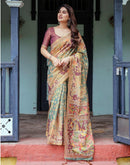 Teal Green Shimmer Silk Printed Saree