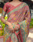 Coral Red Shimmer Silk Printed Saree