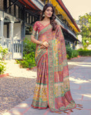 Coral Red Shimmer Silk Printed Saree