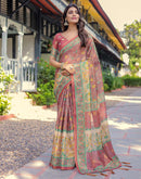 Coral Red Shimmer Silk Printed Saree