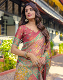 Coral Red Shimmer Silk Printed Saree