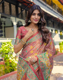 Coral Red Shimmer Silk Printed Saree