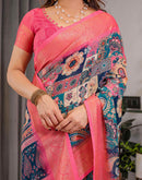 Navy Blue Linen Printed Saree