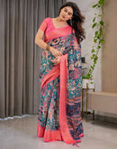 Navy Blue Linen Printed Saree