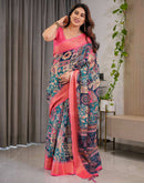 Navy Blue Linen Printed Saree