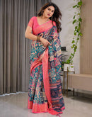 Navy Blue Linen Printed Saree