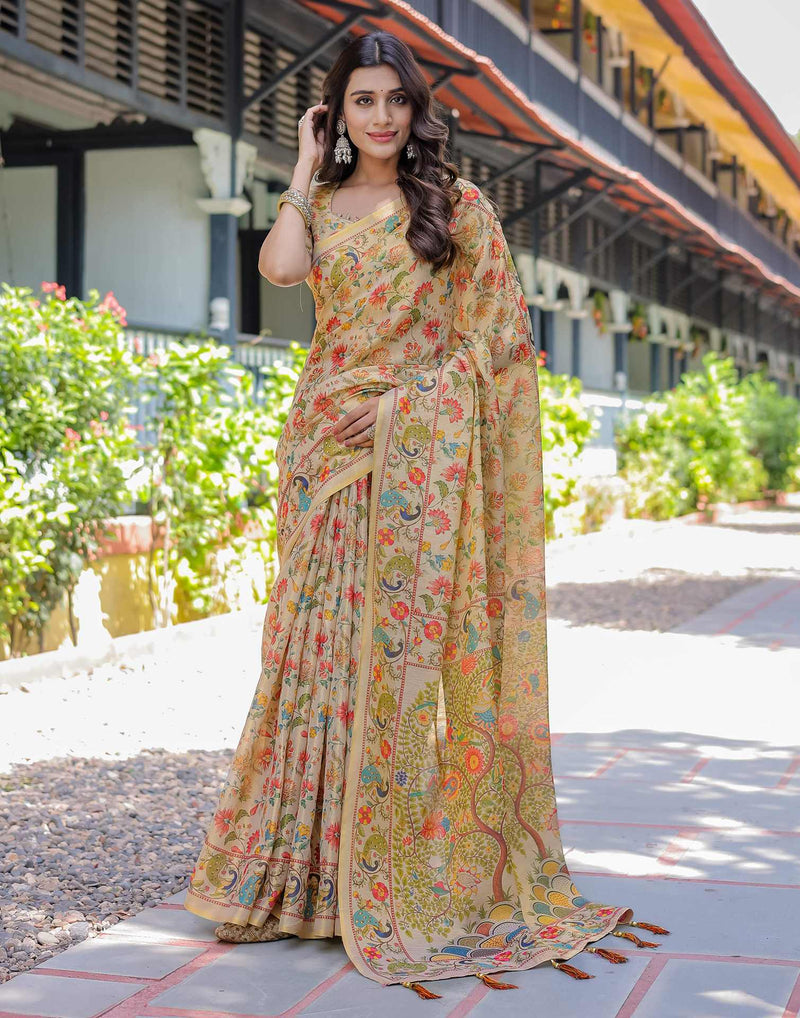 Beige Shimmer Silk Printed Saree