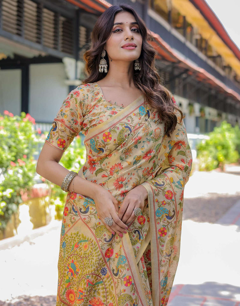 Beige Shimmer Silk Printed Saree