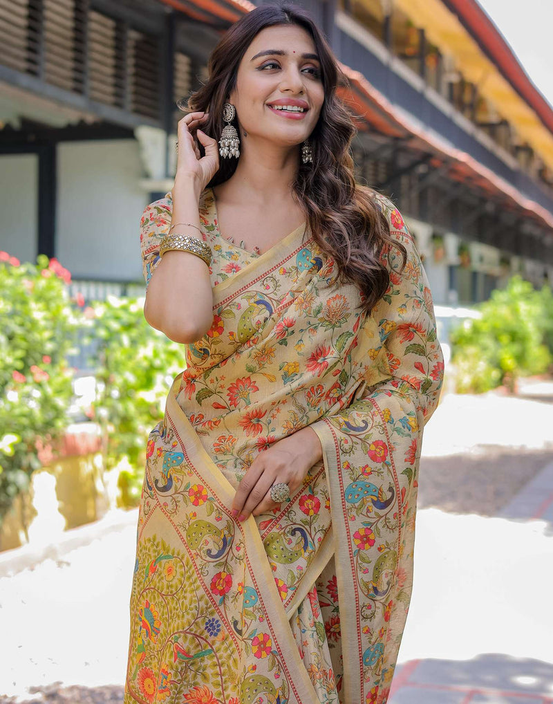 Beige Shimmer Silk Printed Saree