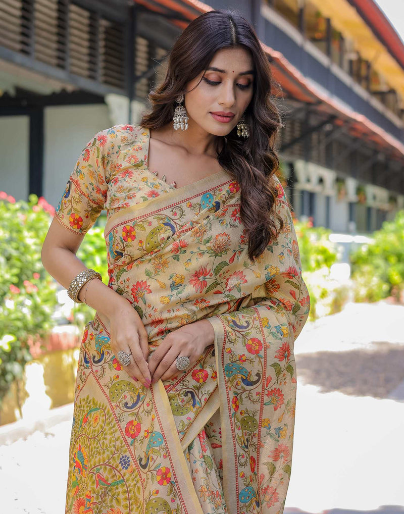 Beige Shimmer Silk Printed Saree
