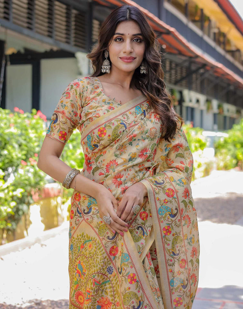 Beige Shimmer Silk Printed Saree