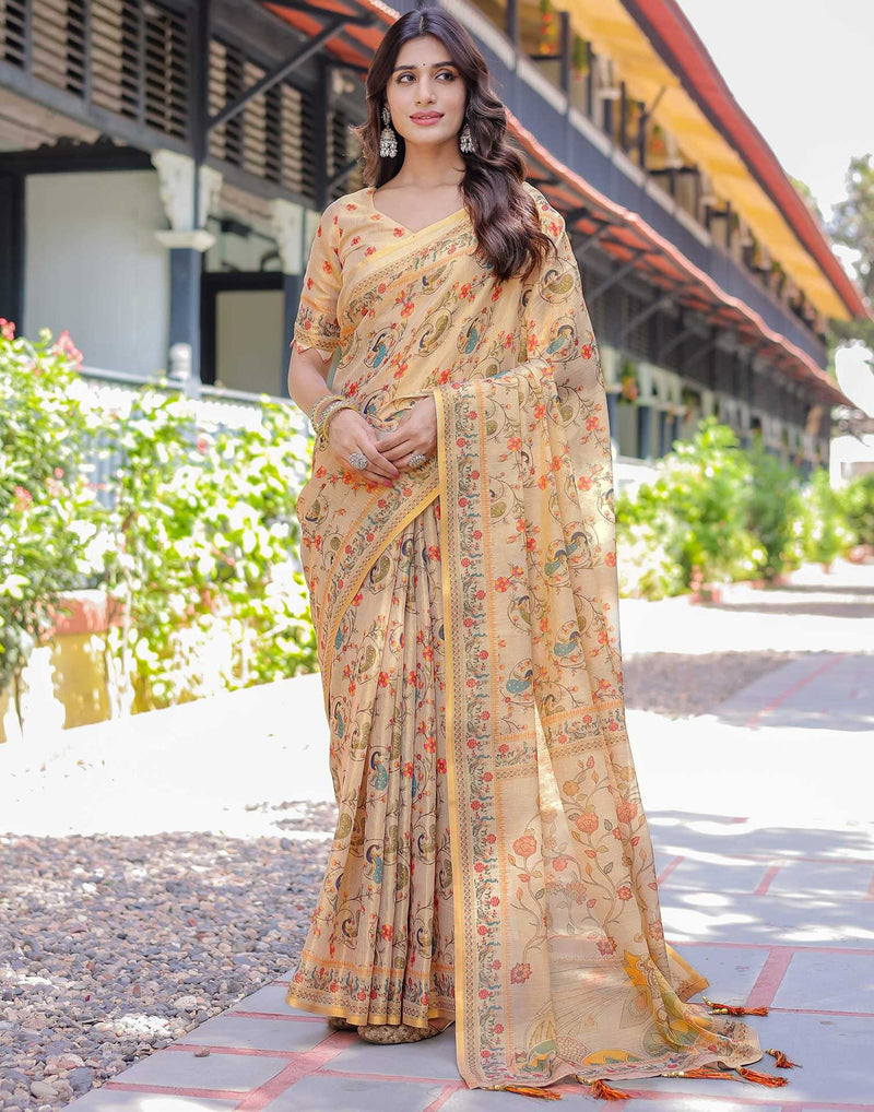 Beige Shimmer Silk Printed Saree