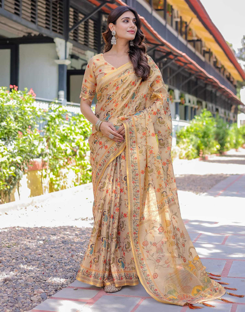 Beige Shimmer Silk Printed Saree