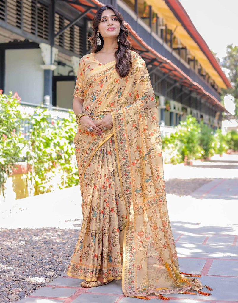 Beige Shimmer Silk Printed Saree