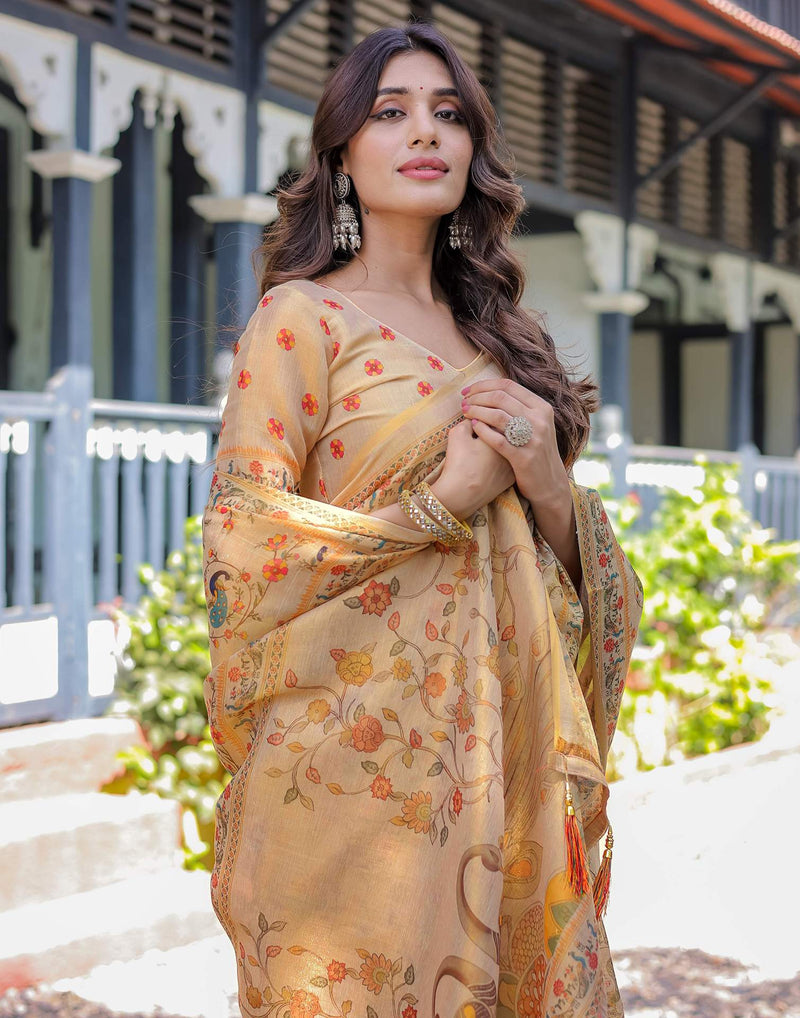 Beige Shimmer Silk Printed Saree