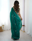 Teal Green Tissue Silk Sequence Embroidery Saree