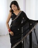 Black Tissue Silk Sequence Embroidery Saree