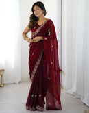 Maroon Tissue Silk Sequence Embroidery Saree