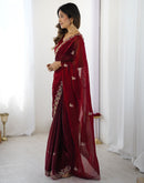 Maroon Tissue Silk Sequence Embroidery Saree