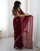 Maroon Tissue Silk Sequence Embroidery Saree