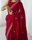Red Tissue Silk Sequence Embroidery Saree