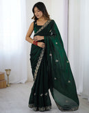 Bottle Green Tissue Silk Sequence Embroidery Saree