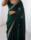 Bottle Green Tissue Silk Sequence Embroidery Saree