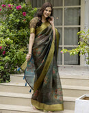 Teal Green Shimmer Organza Printed Saree