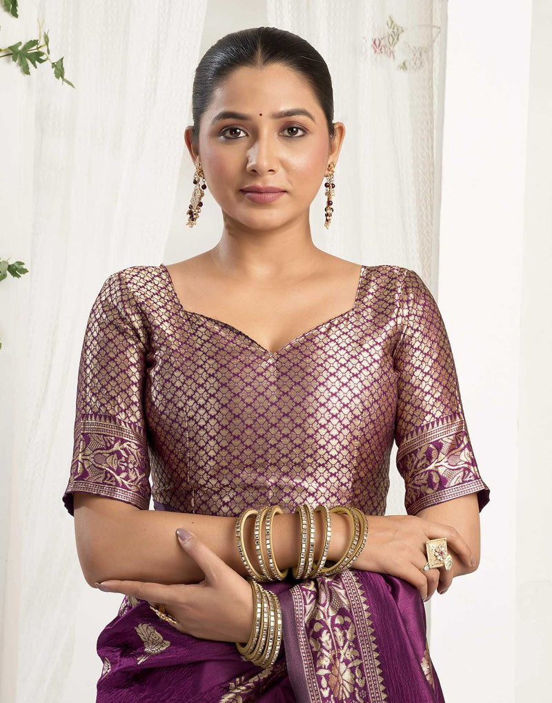 Wine Silk Woven Banarasi Saree