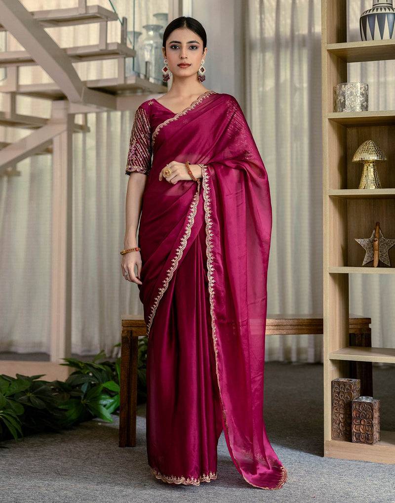 Wine Silk Embroidery Saree