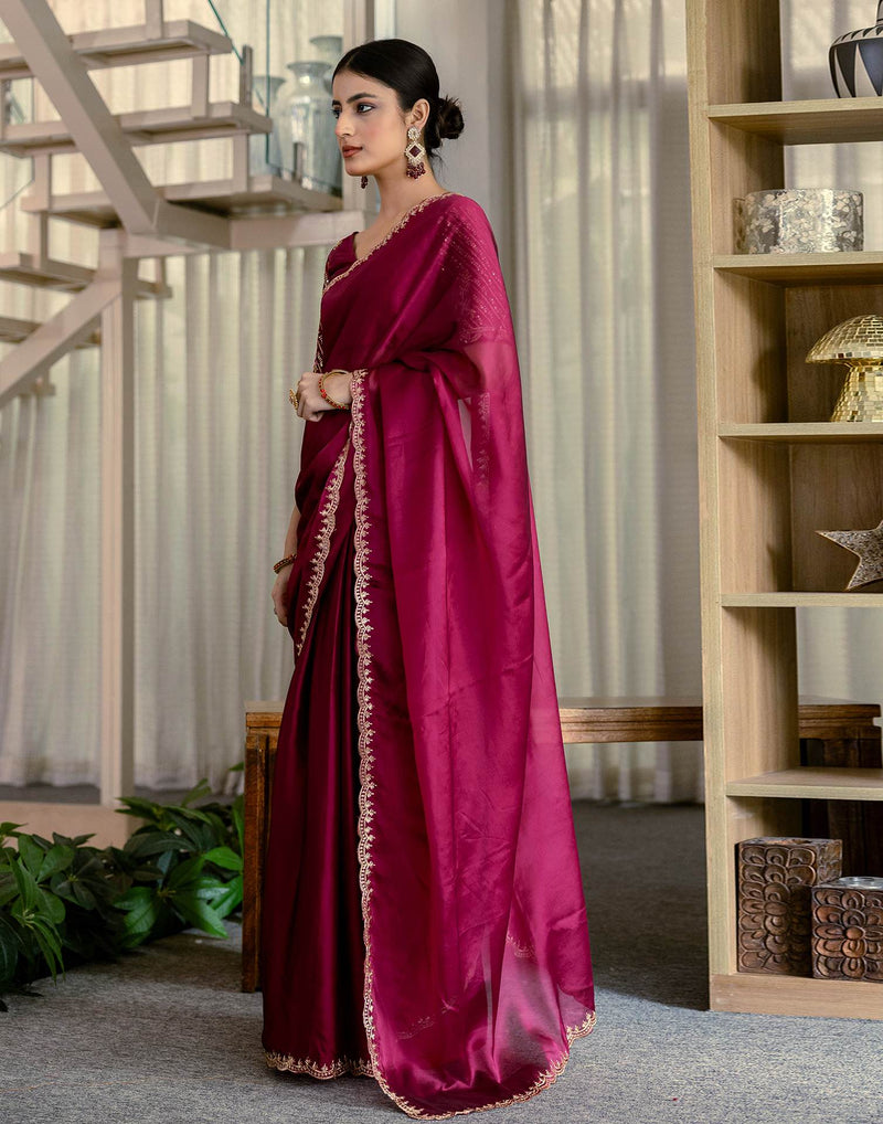 Wine Silk Embroidery Saree