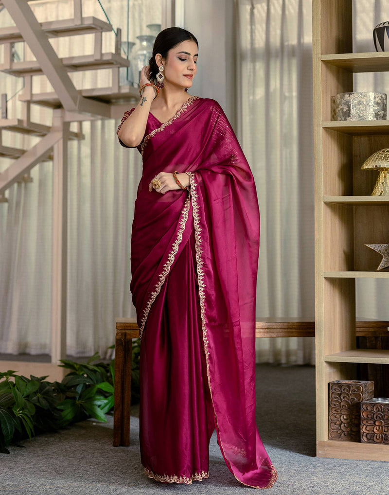 Wine Silk Embroidery Saree