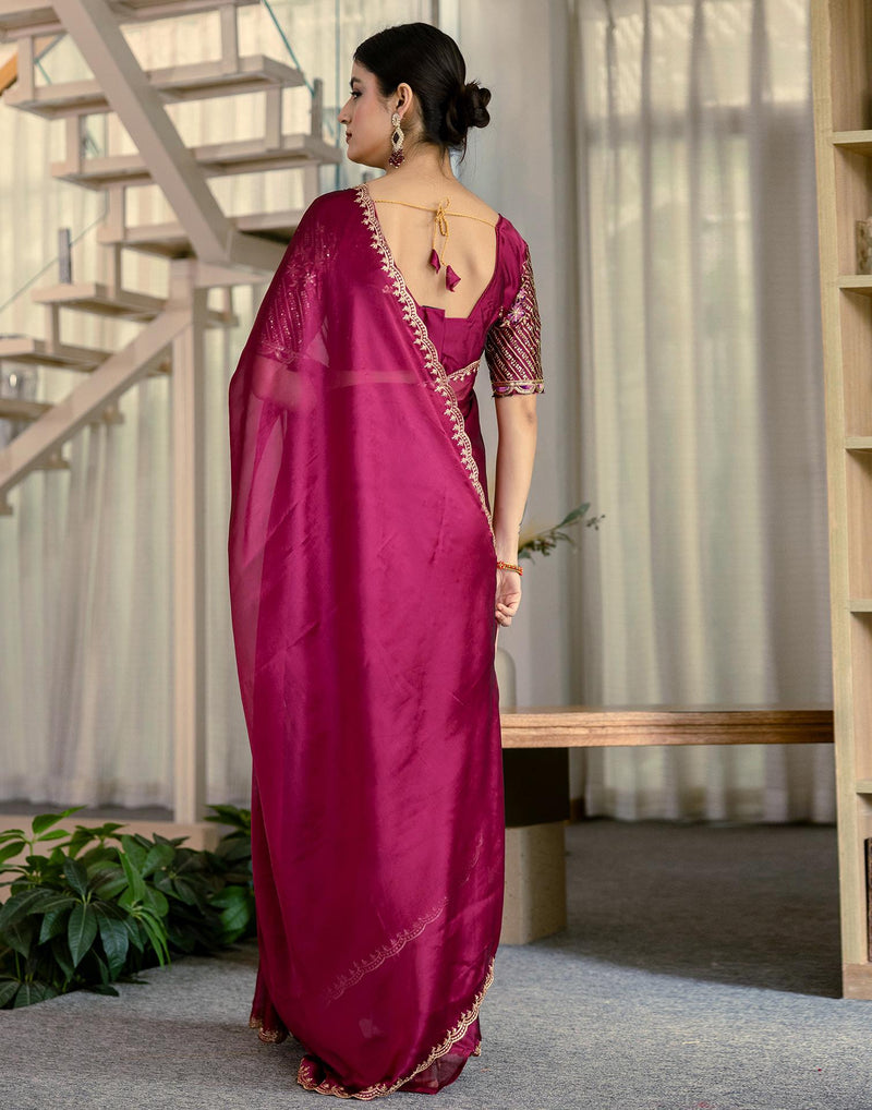 Wine Silk Embroidery Saree